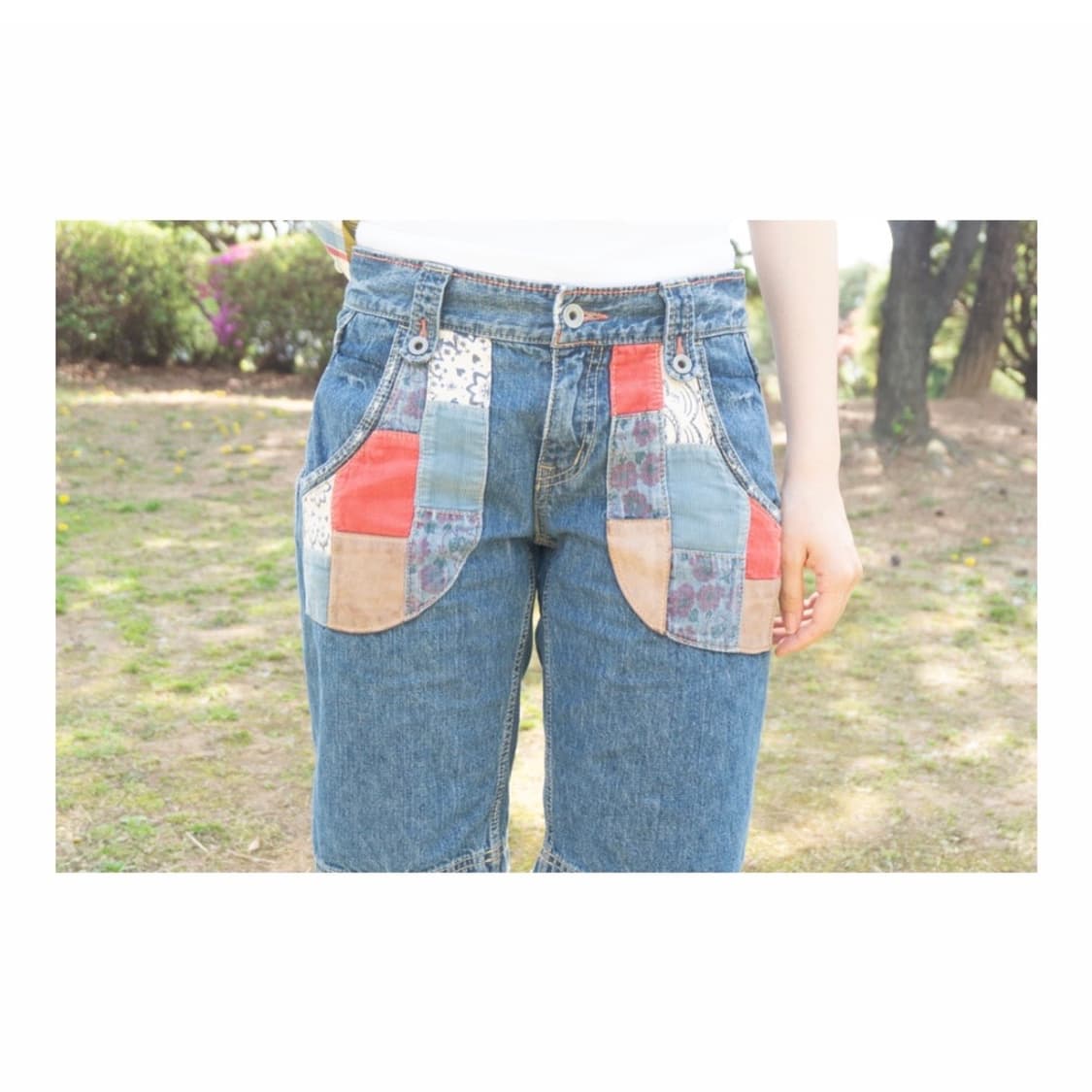 컬러 패치 포켓 데님 하프팬츠 상품이미지1