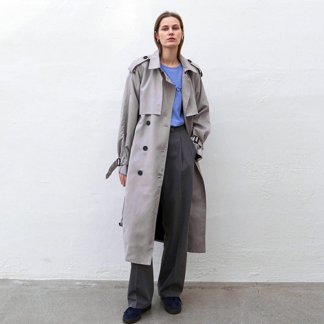 닉앤니콜(NICK NICOLE) 오버핏 더블 스트랩 트렌치코트 프리사이즈 상품이미지1