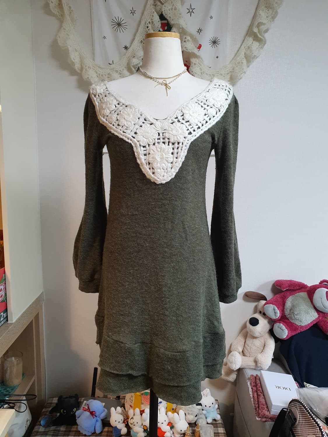 [모리걸] 니트 원피스 카키색 레이스 장식 상품이미지1