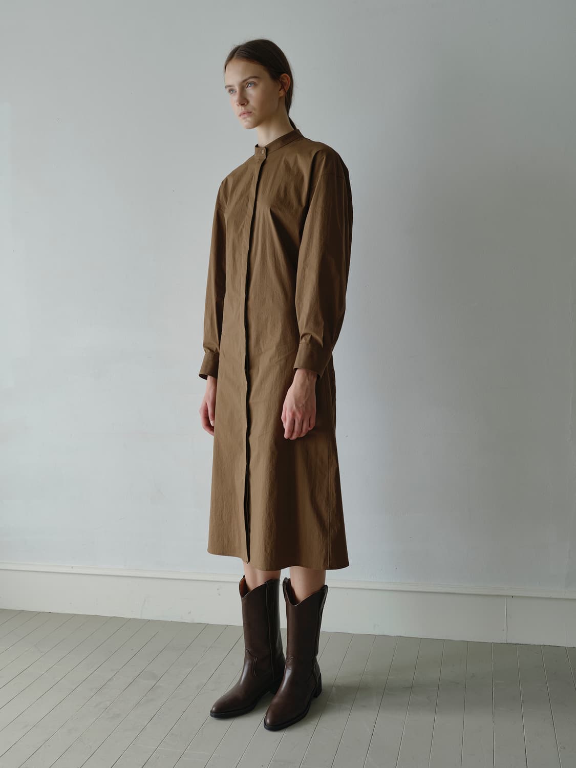 코켓 웨이스트 슬림 셔츠 원피스 카멜브라운 상품이미지1