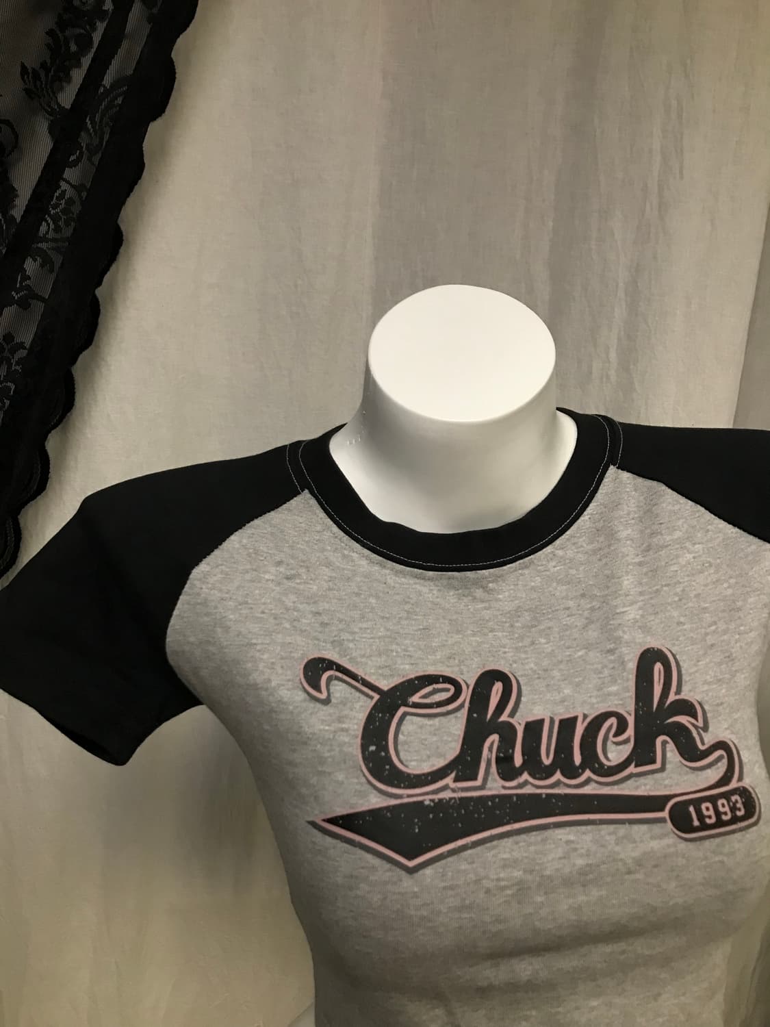 CHUCK 척 브랜드 빈티지 로고 단가라 래글런 반팔 크롭티 상품이미지4