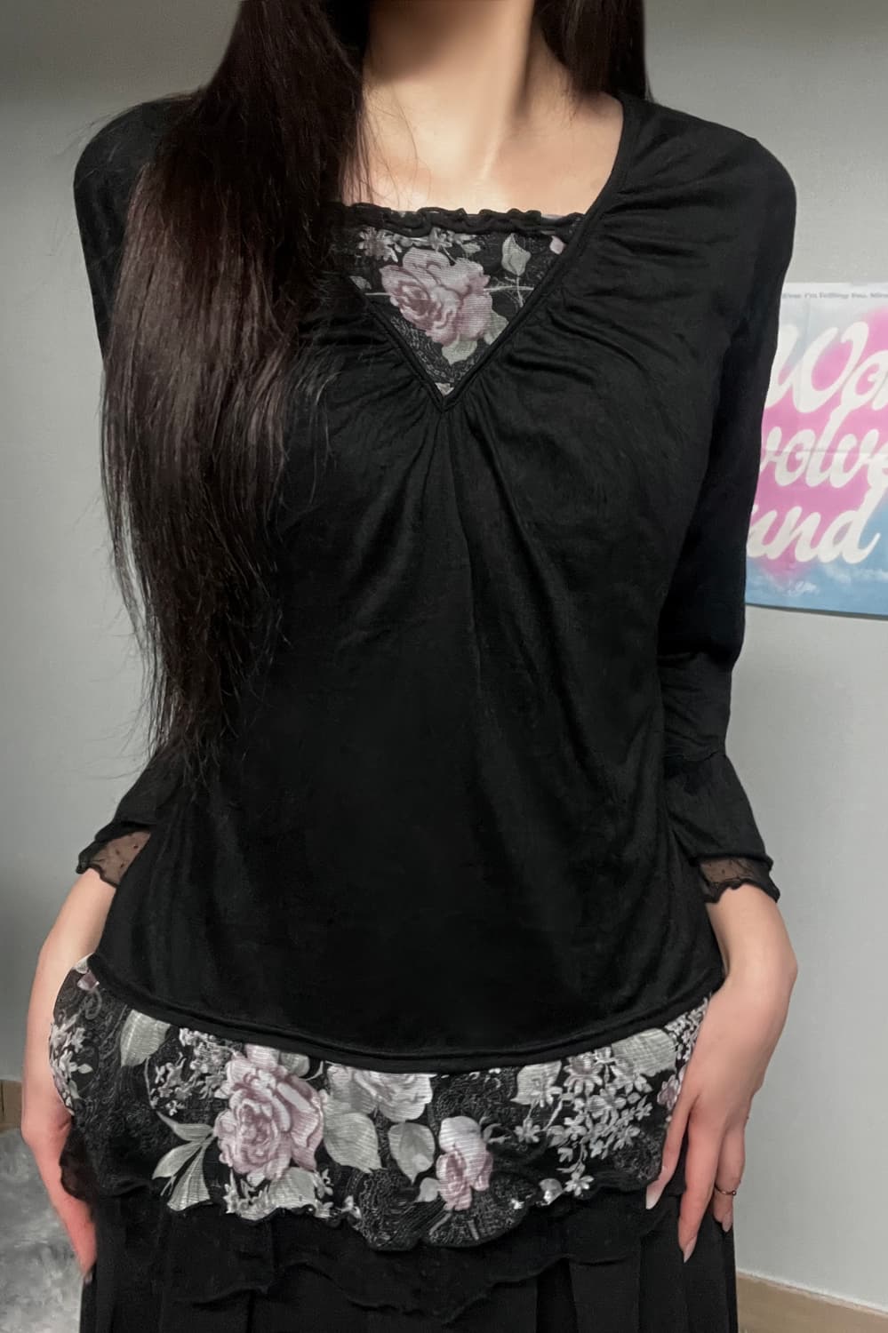 블랙 고딕 로즈 장미 프릴 레이스 셔링 쉬폰 레이어드 블라우스 상품이미지4