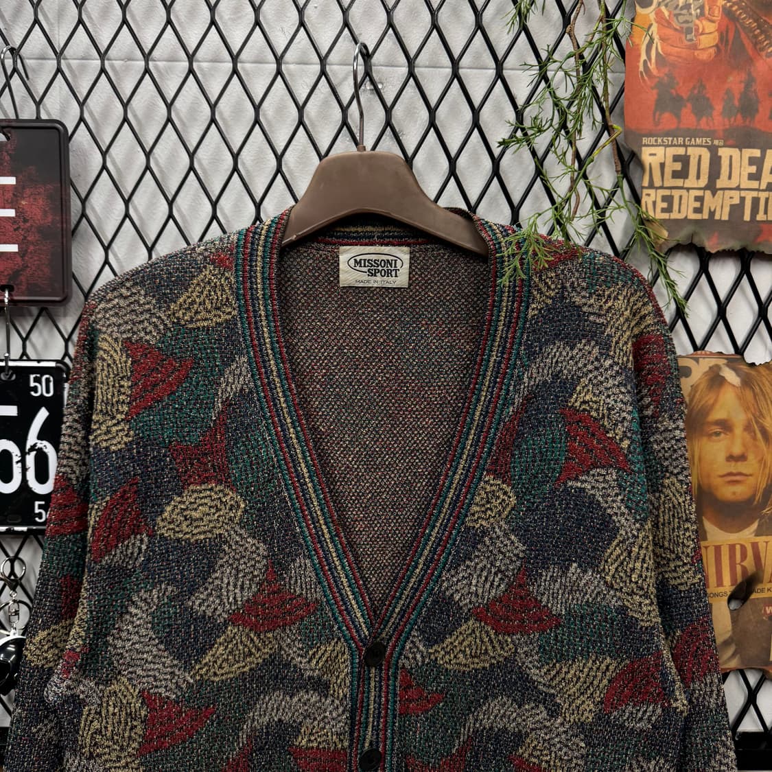 90s 미쏘니 스포츠 니트 가디건 멀티컬러 자가드 패턴 카키 상품이미지3