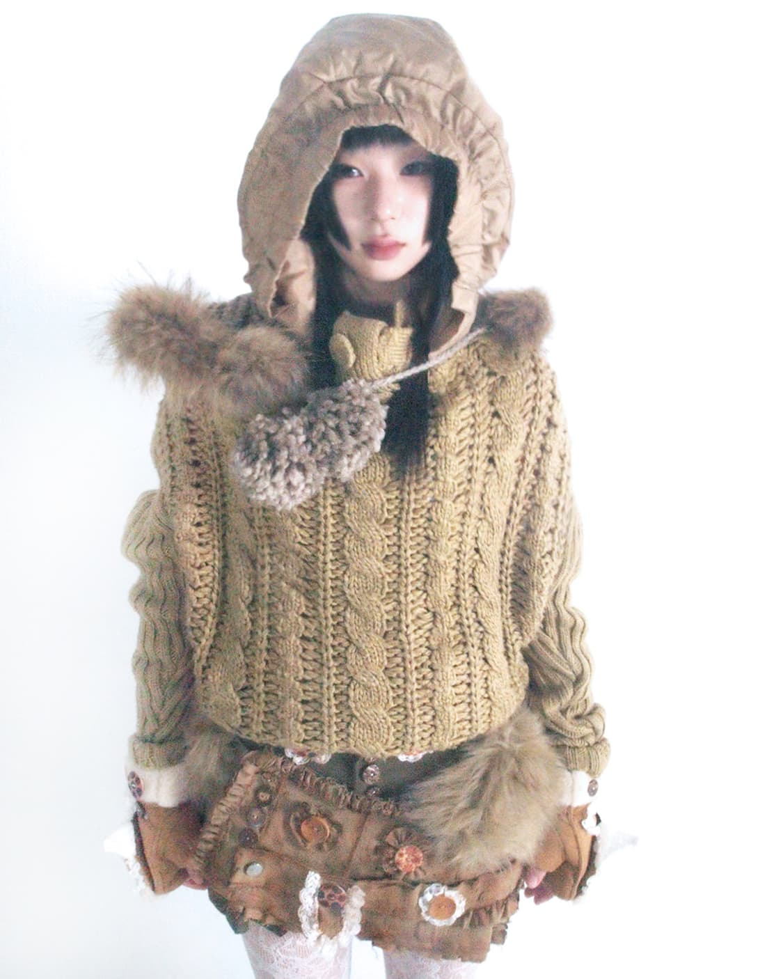 Padding hooded mix loose fit knit top 상품이미지1