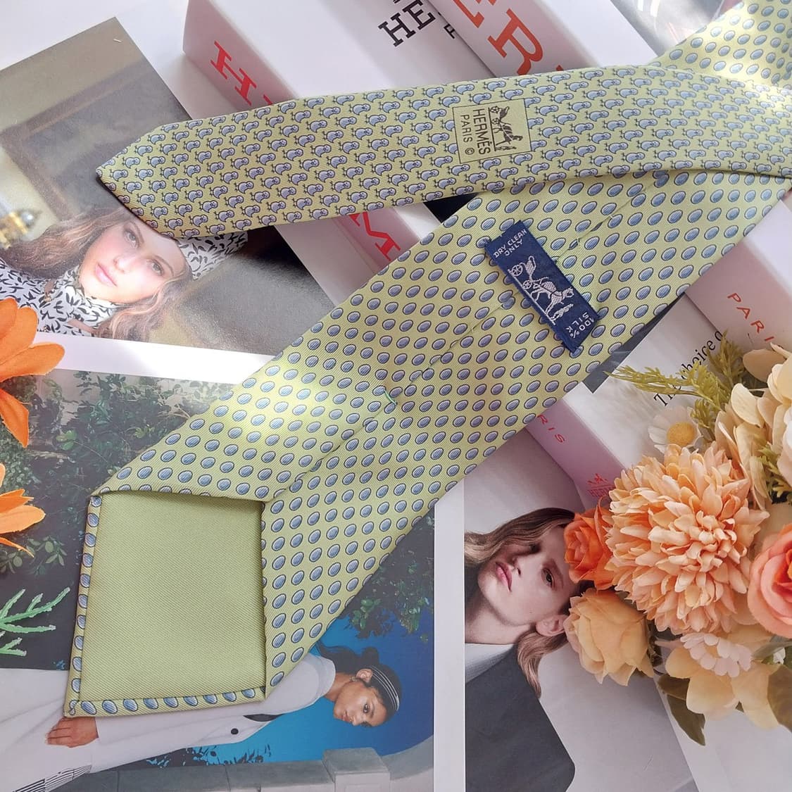 에르메스 라임 병아리 모티브 넥타이 9.3cm B등급 K2551
 상품이미지4