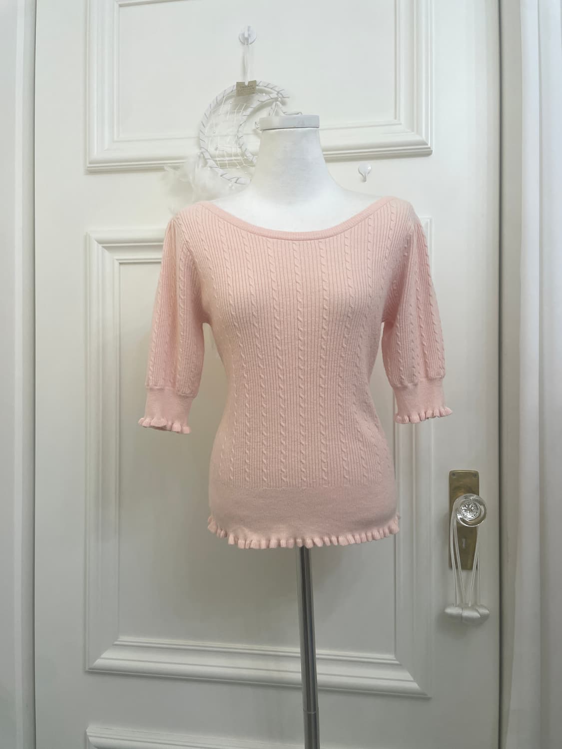 coral pink twist back bow half knit top 상품이미지1