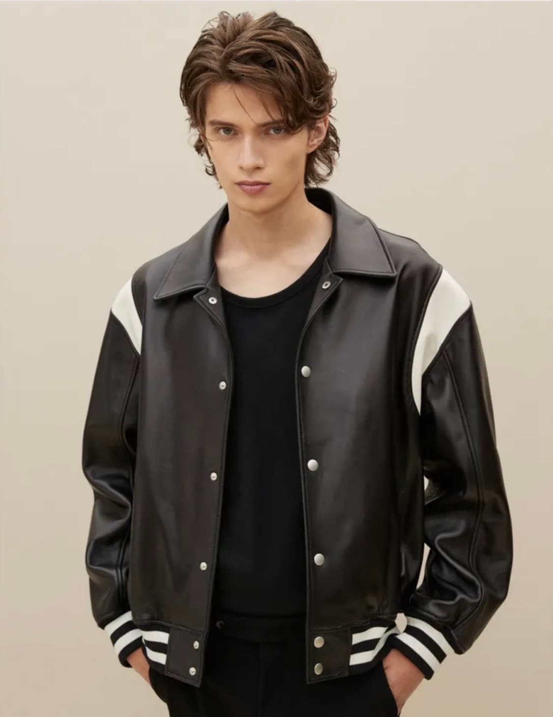 SPERONE 스페로네 램스킨 양가죽 스타디움 숏 레더 바시티 자켓 상품이미지1