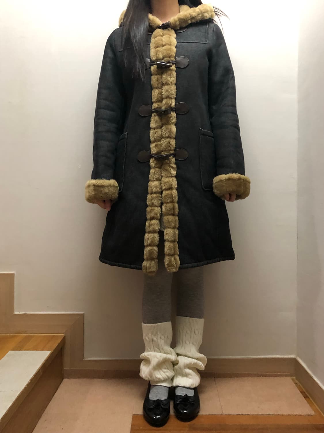 빈티지 블랙 베이지 퍼 더플 코트 상품이미지4