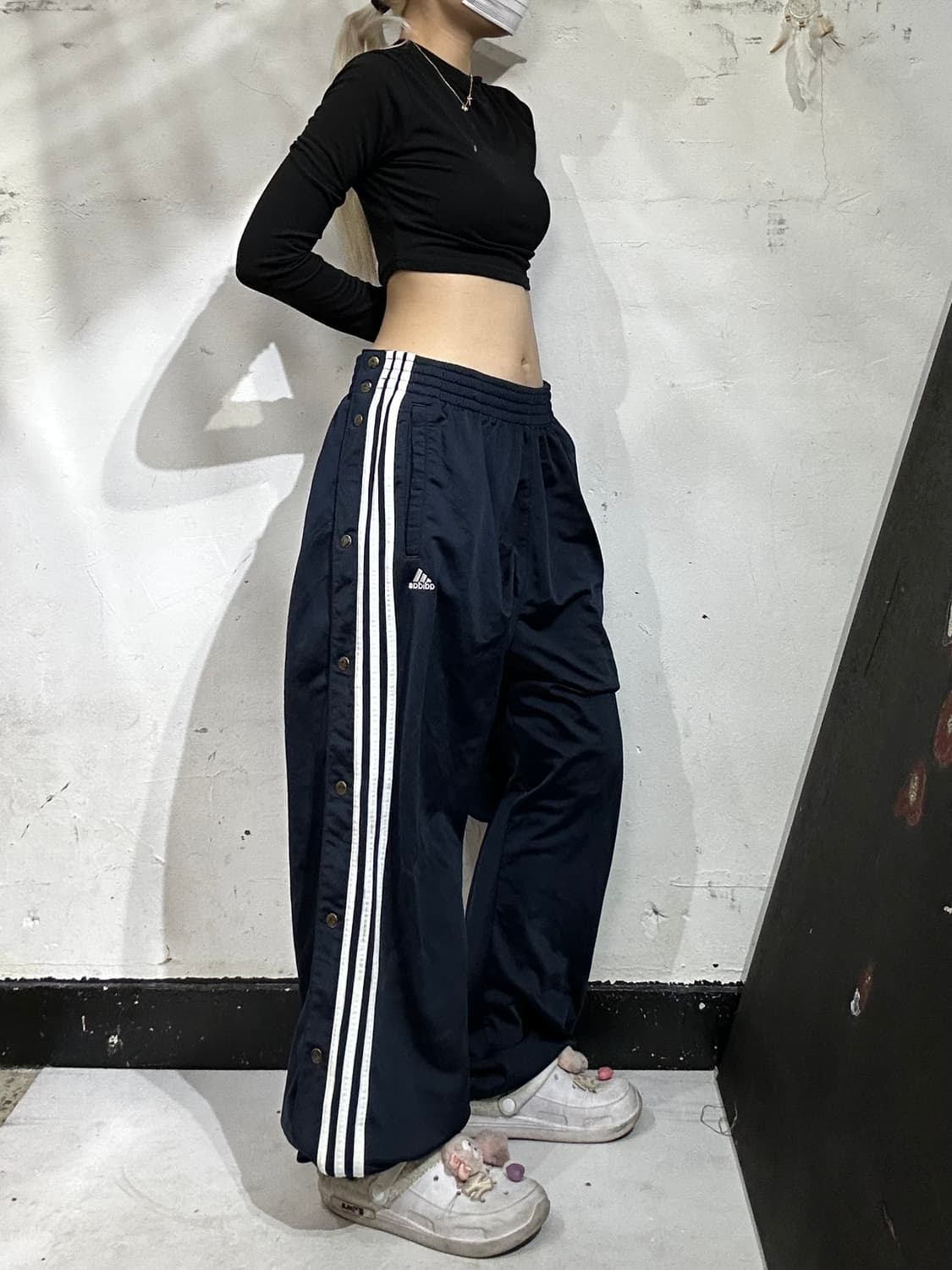 아디다스 네이비 와이드 스냅 단추 사이드 버튼 추리닝 트레이닝 팬츠 L 상품이미지1