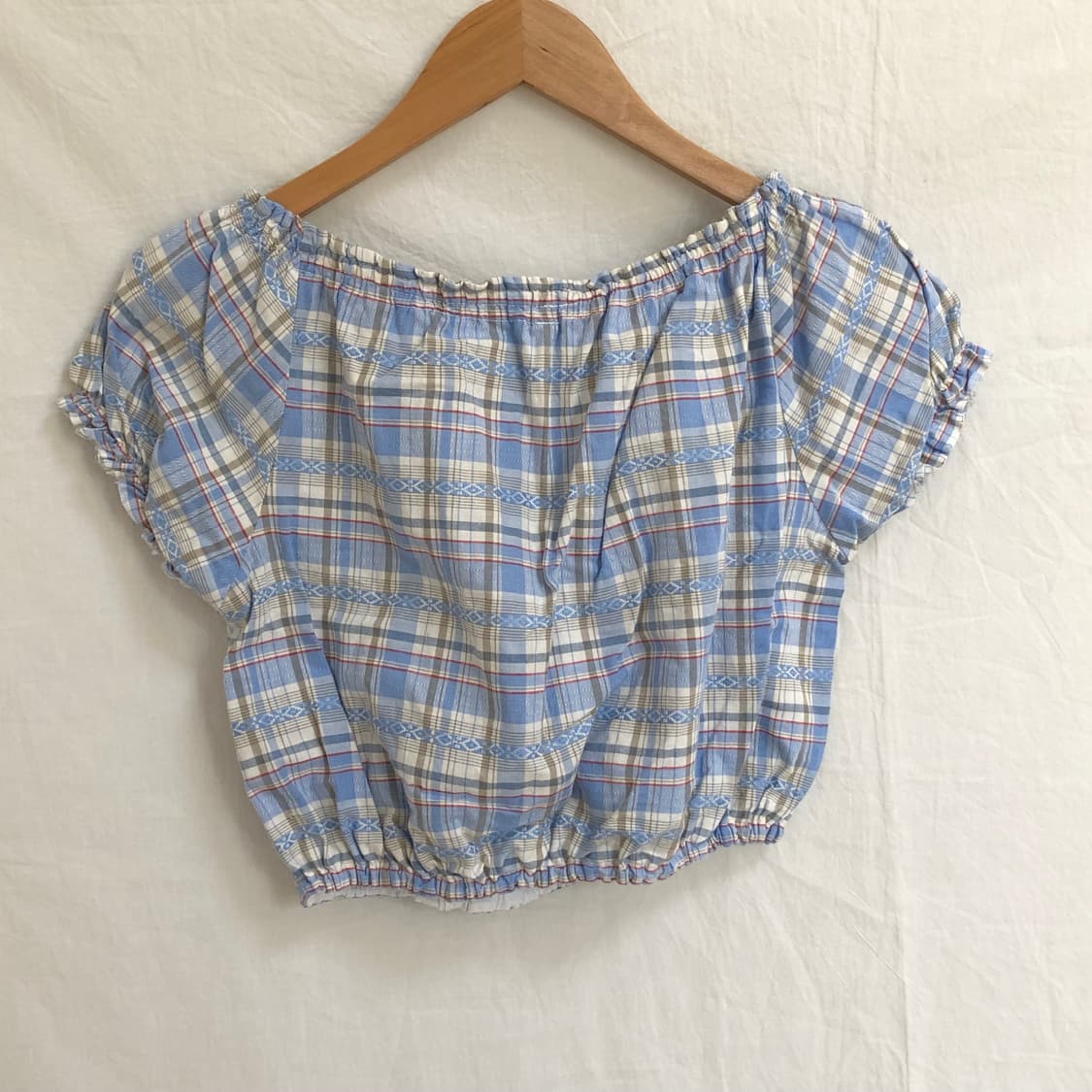빈티지 체크 크롭 퍼프 반팔 블라우스 상품이미지2