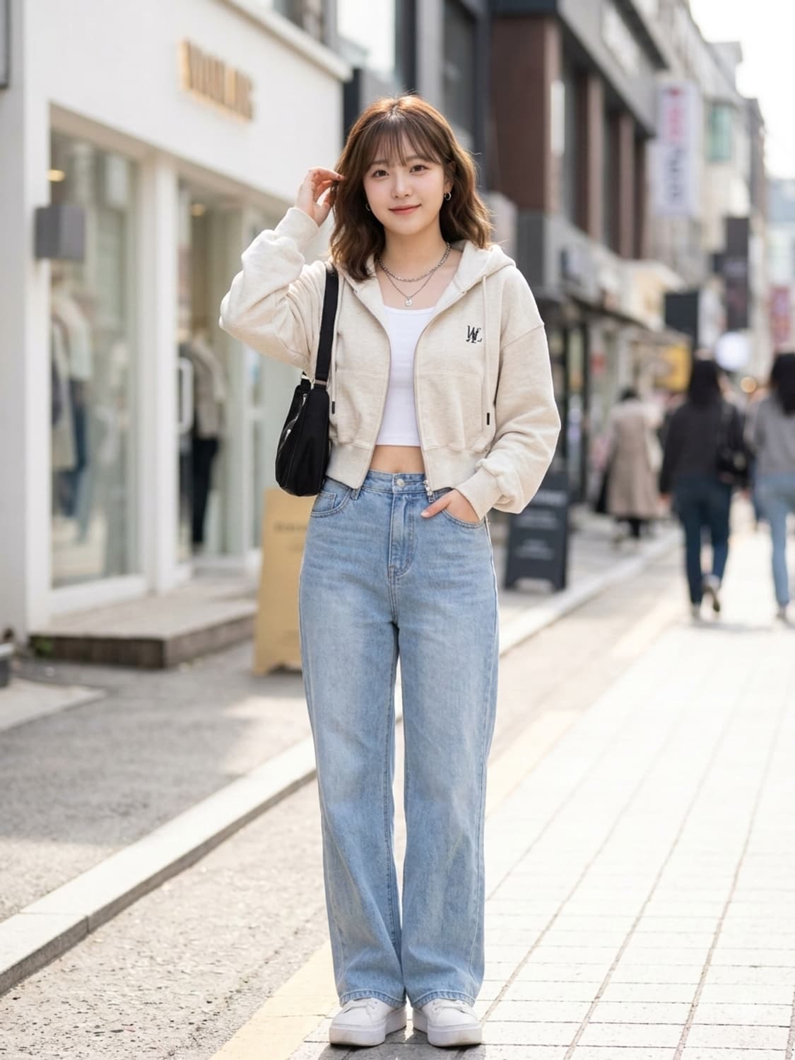 WOOALONG 우알롱 시그니처 크롭 후드 집업 오트밀 상품이미지1