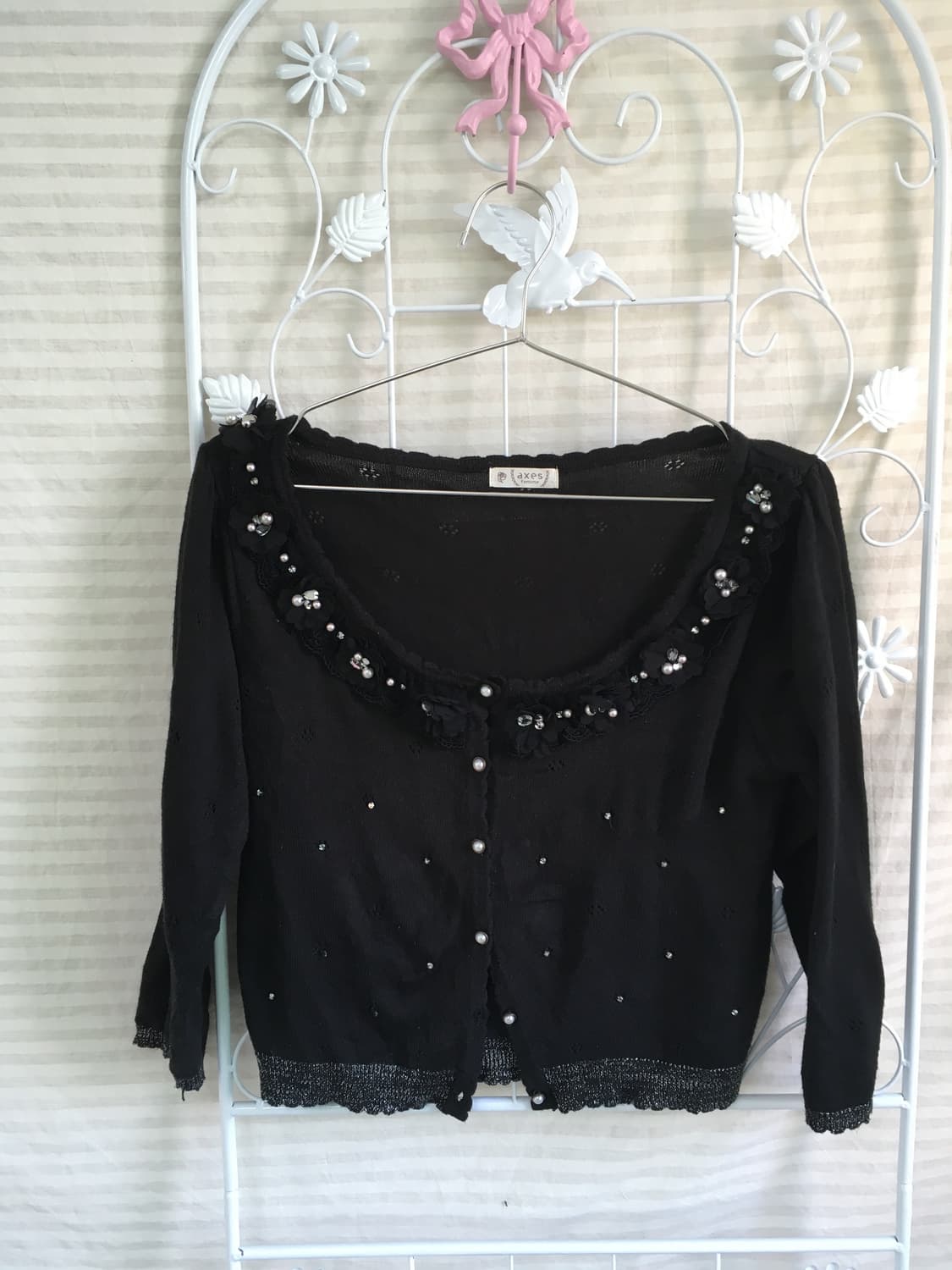 jpn vintage 액시즈팜 블랙 꽃 비즈 펄 레이어드 가디건 상품이미지1