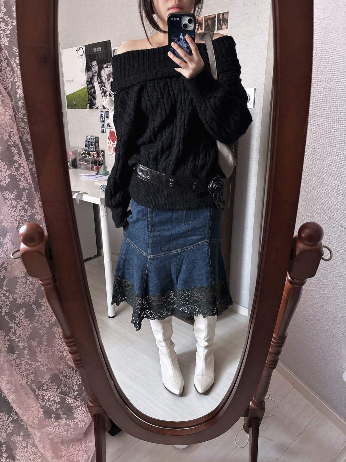 빈티지 데님 블랙 레이스 스커트 상품이미지1