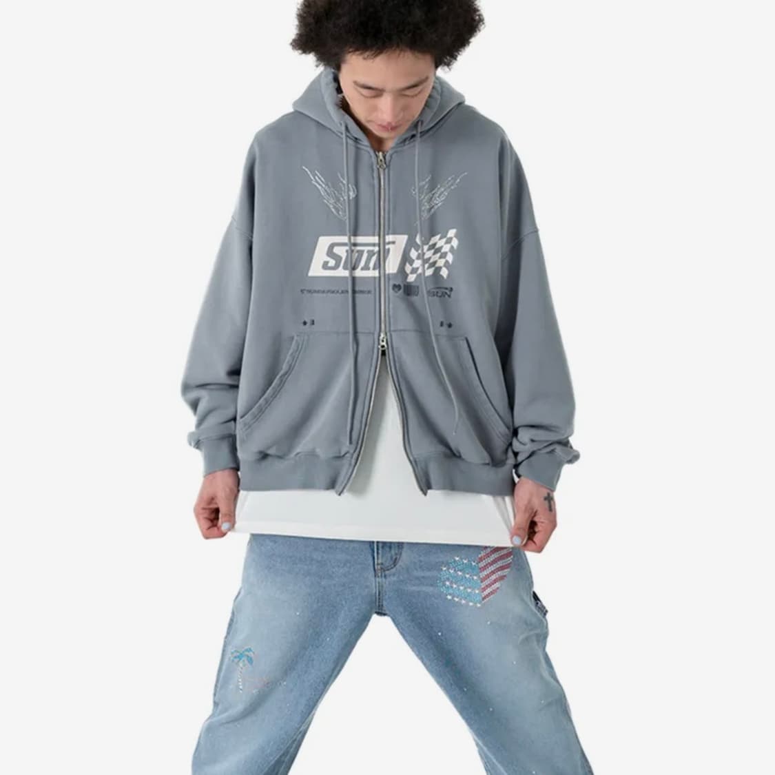 선데이후르츠마켓 SUN RACING ZIP HOODIE BLUE GRAY 상품이미지6