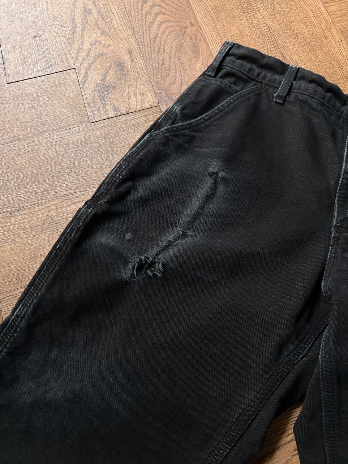 [34]칼하트 USA 체크 라이닝 데미지드 블랙 싱글니 워크 팬츠 상품이미지2