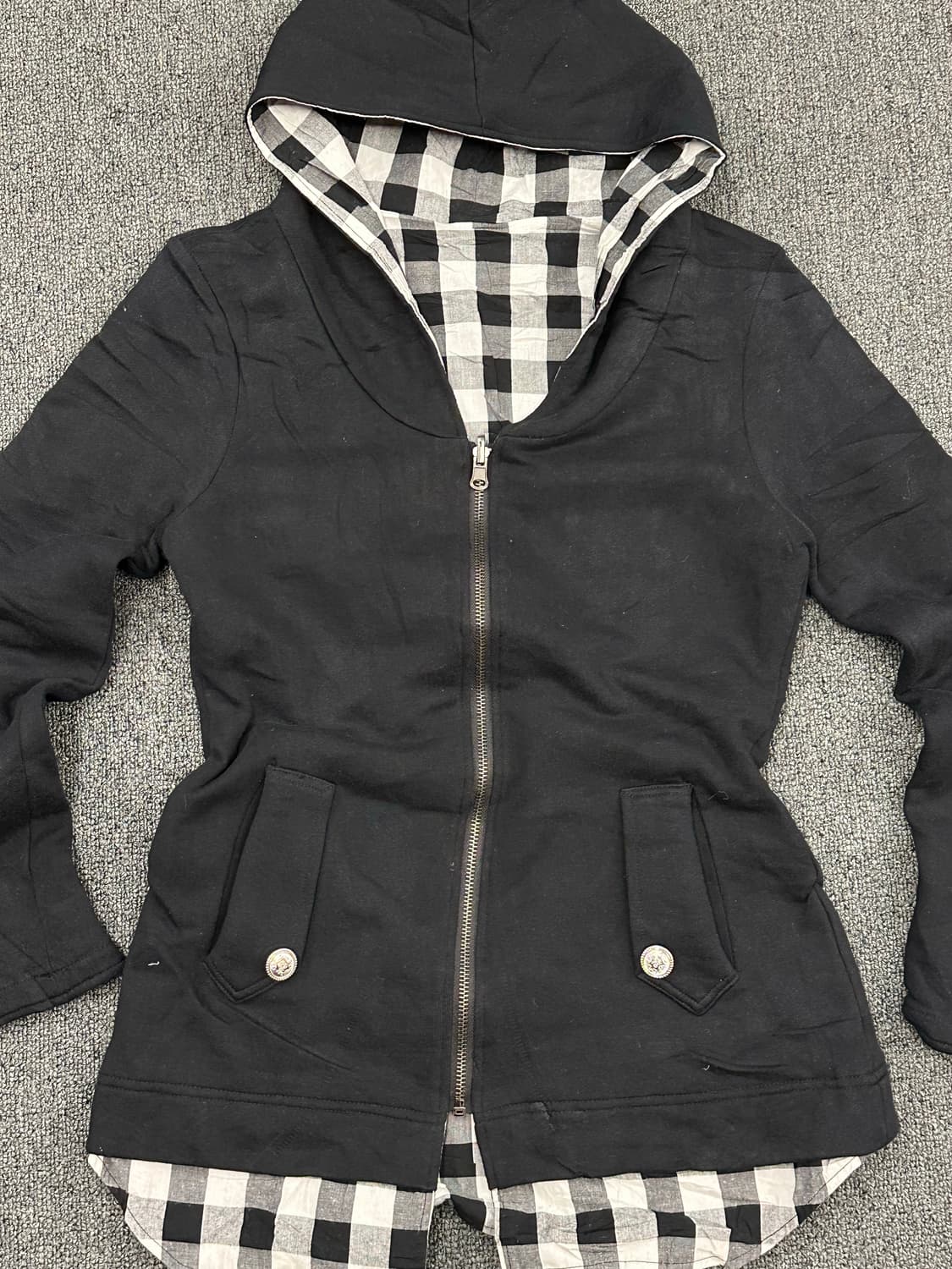 OS)Japanese Vintage 여성 금장버튼 체크 레이어드 후드집업 상품이미지4