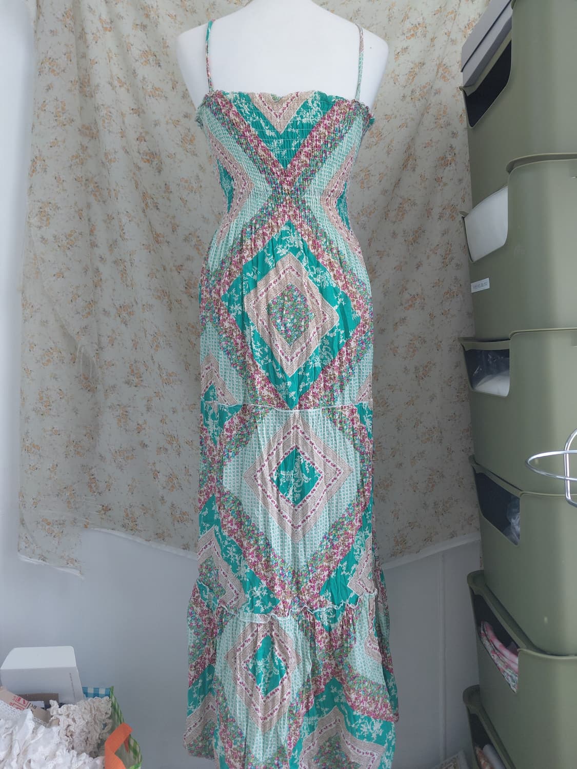 [히피룩] 에스닉 패턴 롱 원피스 민소매 그린 상품이미지3