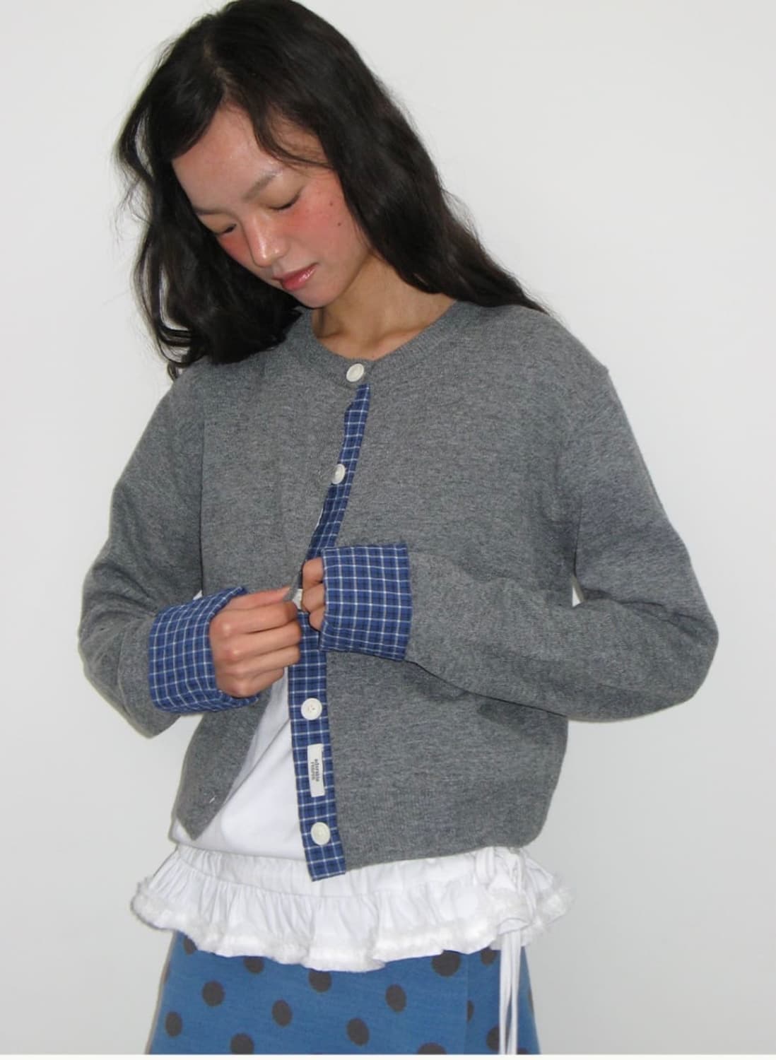 론론 체크셔츠포인트 가디건 그레이 상품이미지1