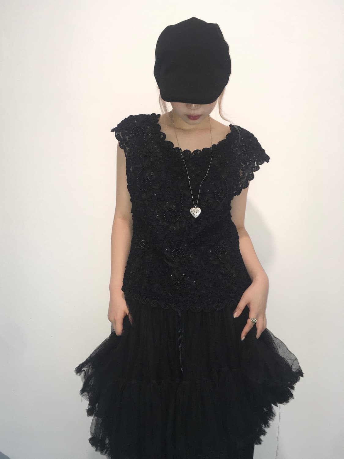 Jpn vintage Black lace beads blouse 상품이미지2