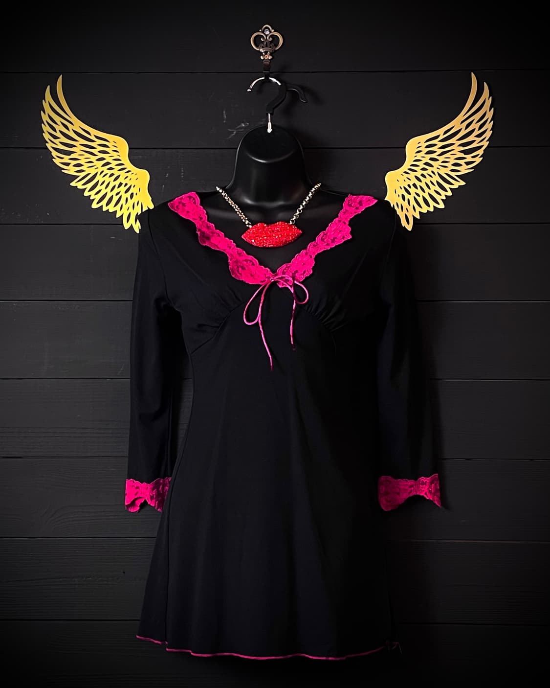 JPN 갸루 핫핑크 레이스 리본 블랙 롱슬리브 상품이미지1