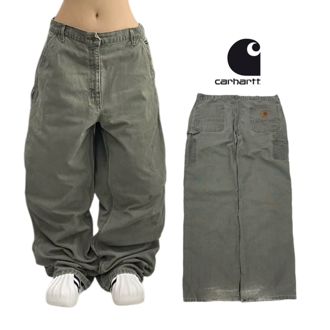 칼하트 OG 모스그린 가죽패치 카펜터 덕캔버스 와이드 워크팬츠 상품이미지1