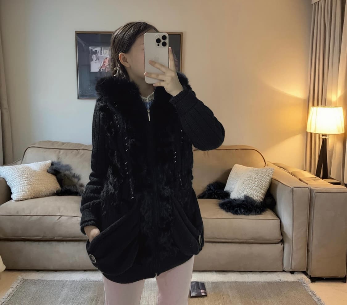 빈티지 고딕 폭스퍼 후드 양두지퍼 토끼털 큐빅 단추 니트자켓 후드집업 상품이미지5
