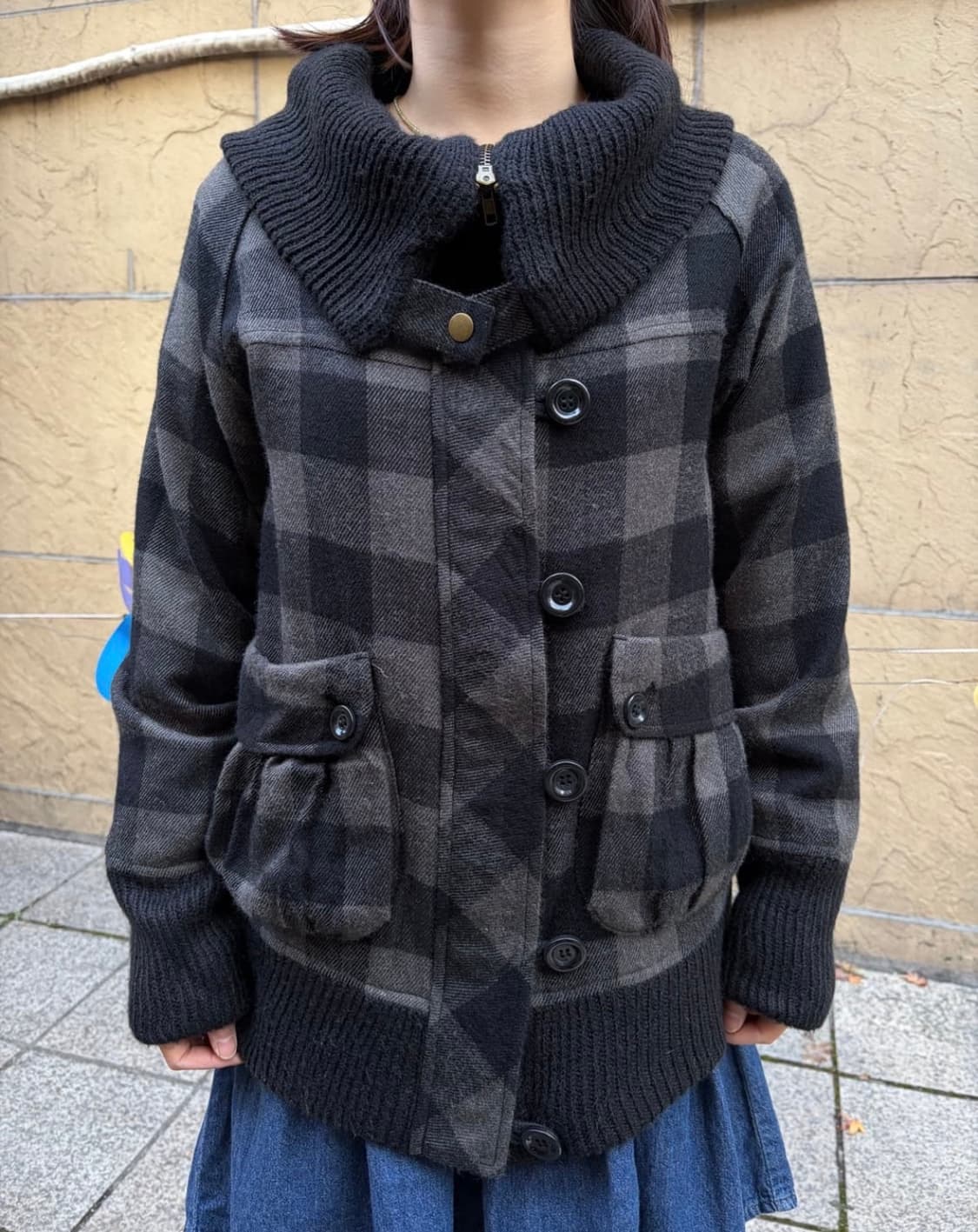 일본 빈티지 락펑크 빅카라 하이넥 체크 자켓 상품이미지1