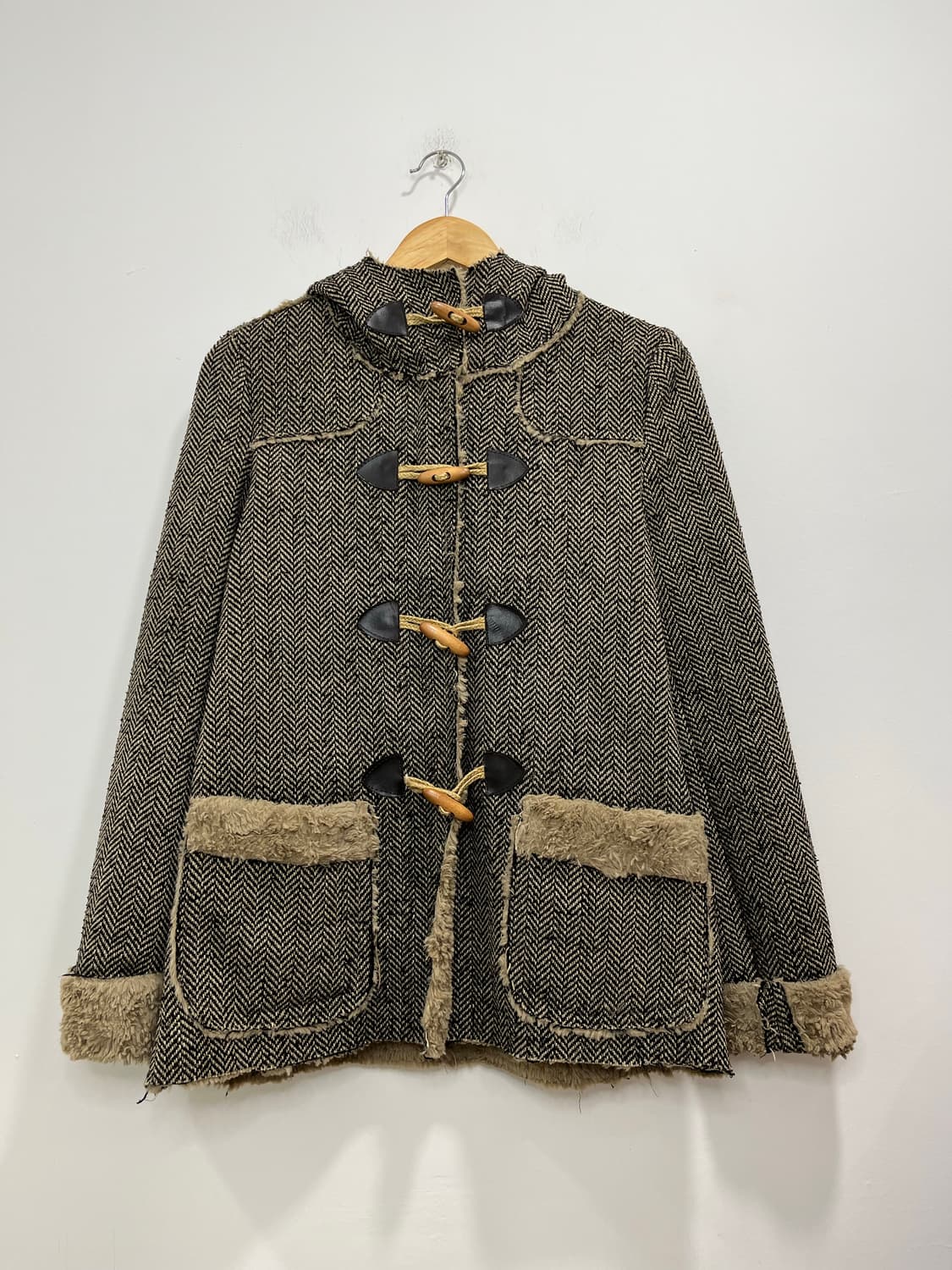 일본 빈티지 헤링본 털후드 떡볶이 코트 상품이미지3