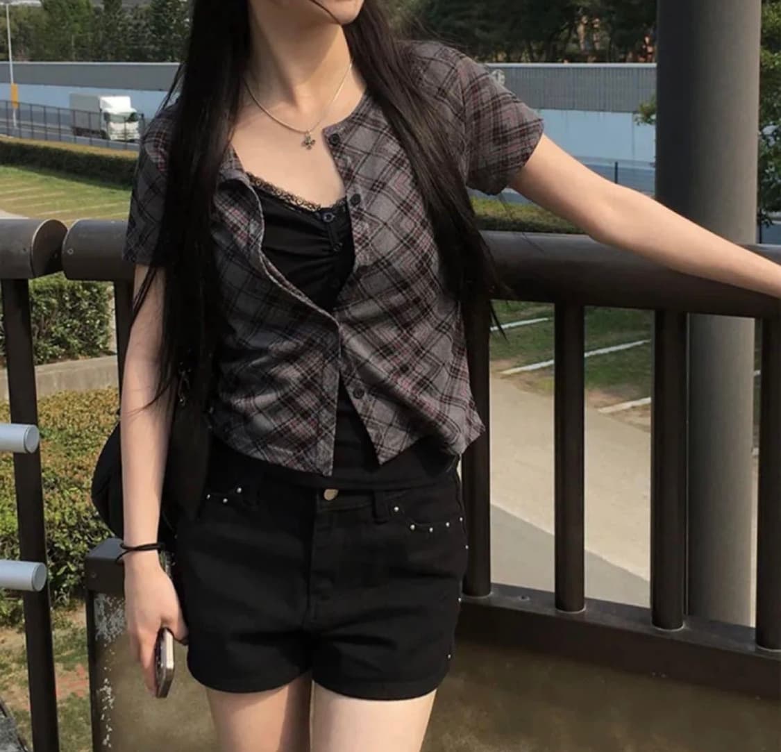 애니원모어 체크 반팔 가디건 상품이미지1