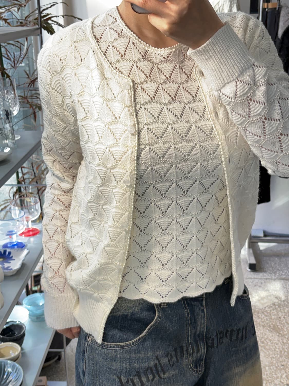 화이트 펀칭 레이스 반팔 가디건 세트 상품이미지2