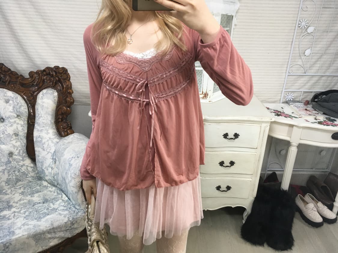 jpn vintage 핑크 레이스 아일렛 레어드 가디건 상품이미지1