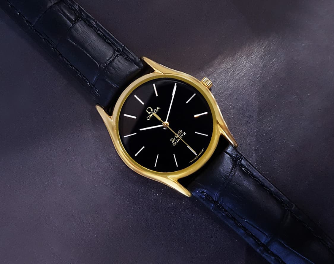 오메가 드빌 고급 블랙판 18K-GP 남녀공용 가죽 쿼츠 시계 상품이미지3