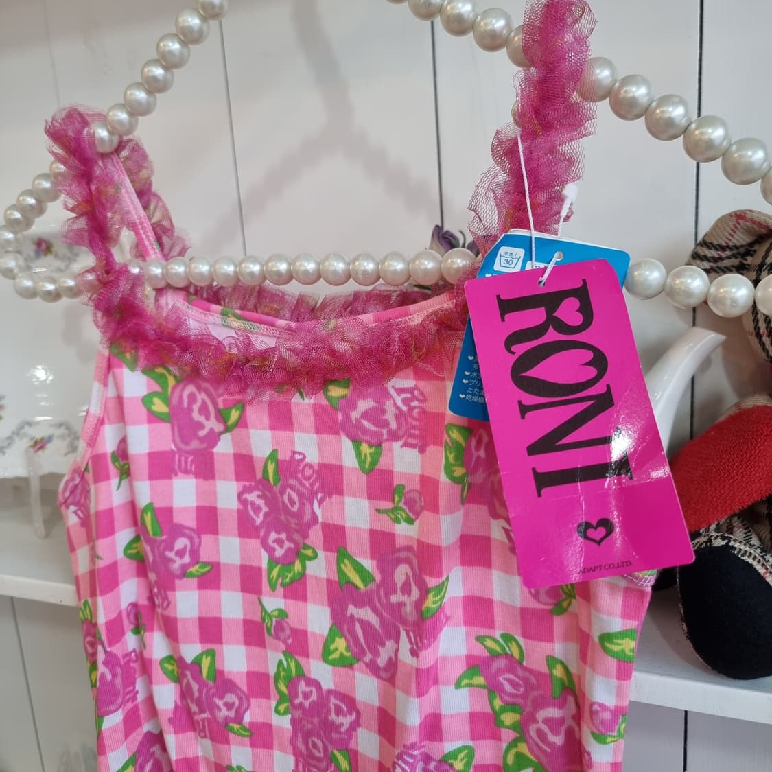 RONI 핑크 체크 꽃무늬 끈나시 상품이미지4