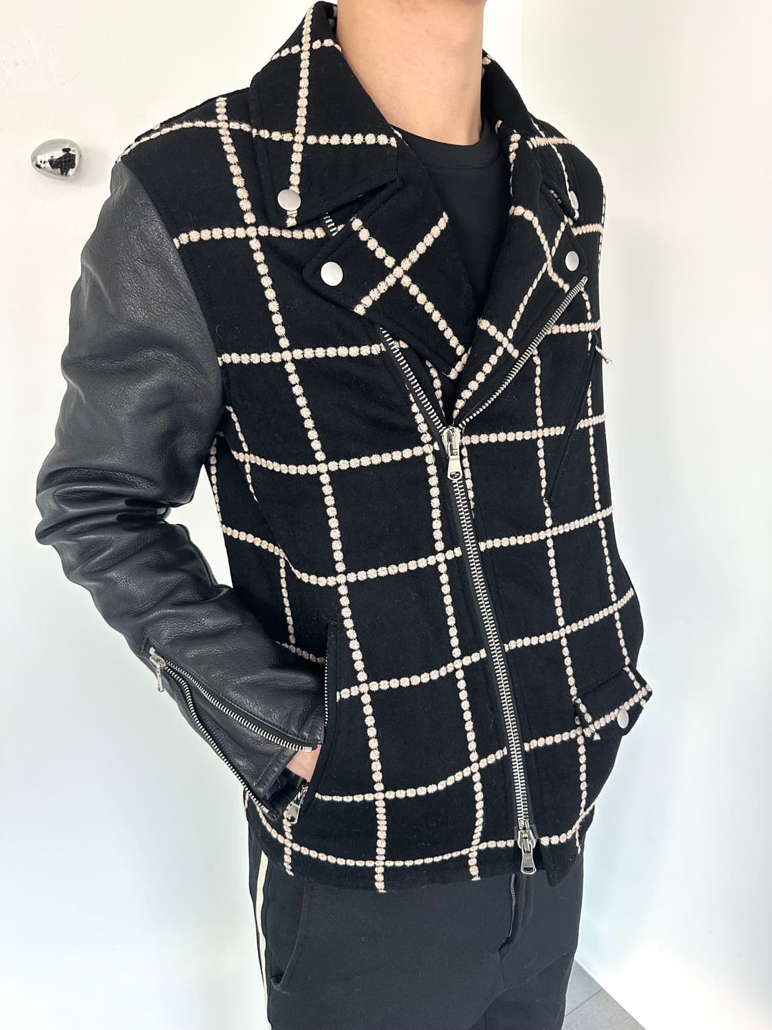 Taakk 타크 자수 체크 레더 라이더 자켓 상품이미지1