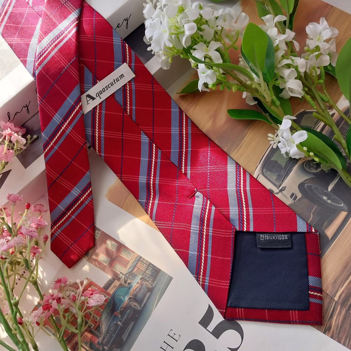 아쿠아스큐텀 실크 레드 체크 패턴 넥타이 9.4cm A+등급 K1958 상품이미지3