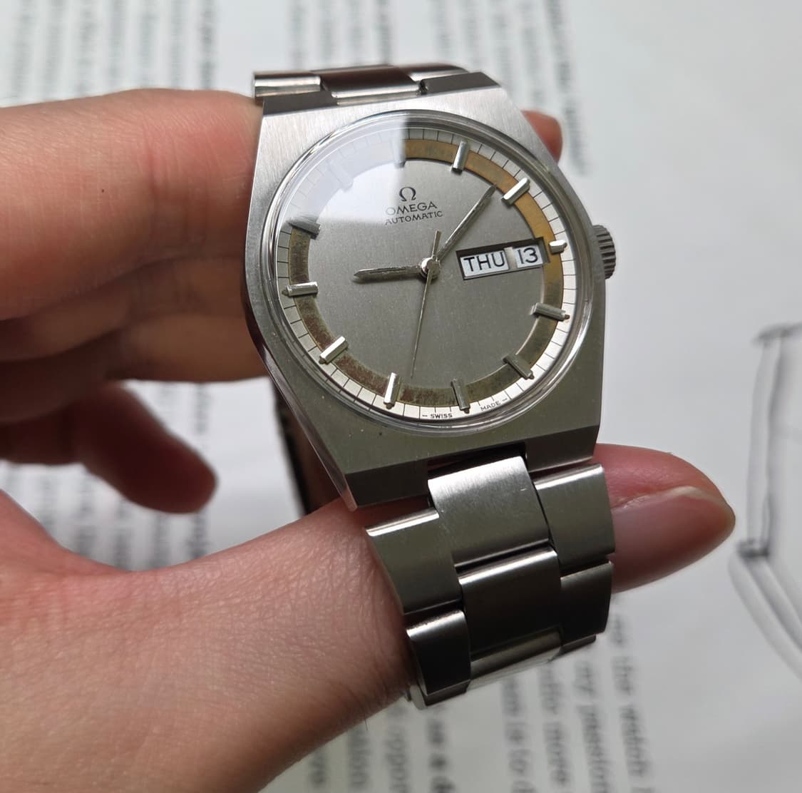 레어] 빈티지 오메가 제네브 데이데이트 희귀 동심원 다이얼 통줄 브레이슬 상품이미지4