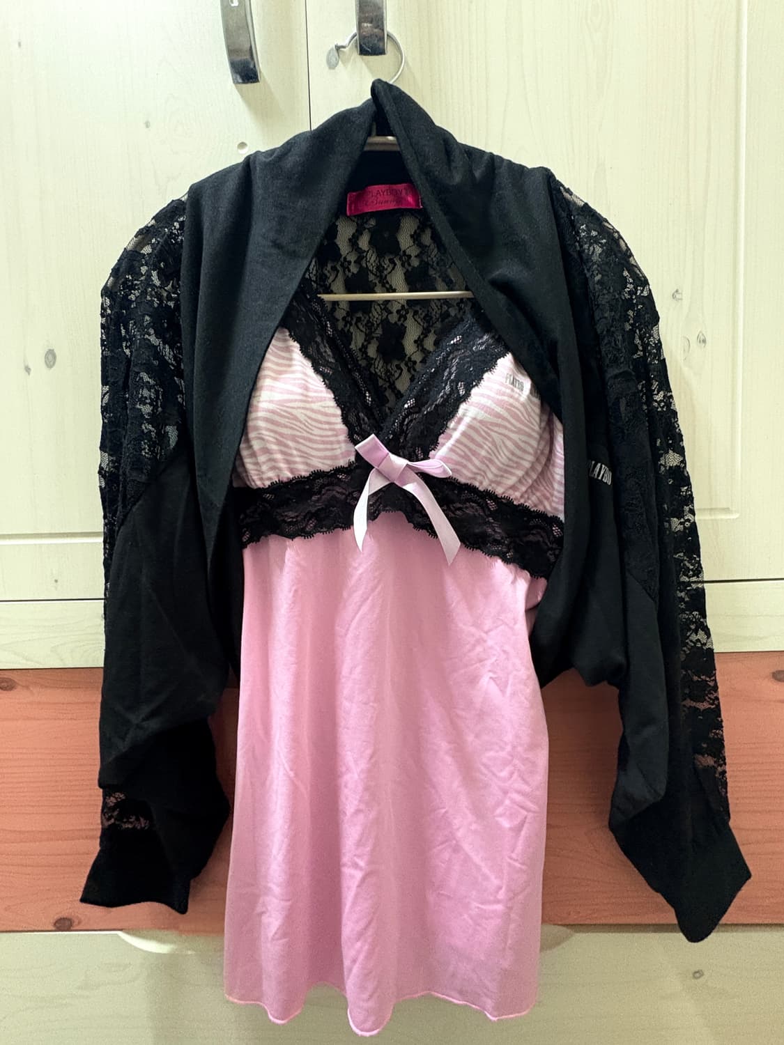 Set playboy 핑크 레이스 슬립 나시 볼레로 상품이미지1