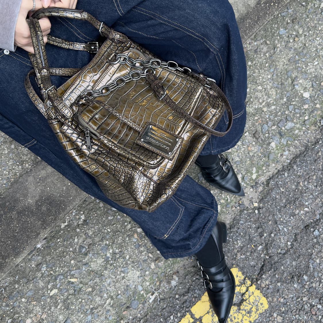 00s 돌체앤가바나 메탈릭 그린/골드 크로커다일 백 상품이미지10