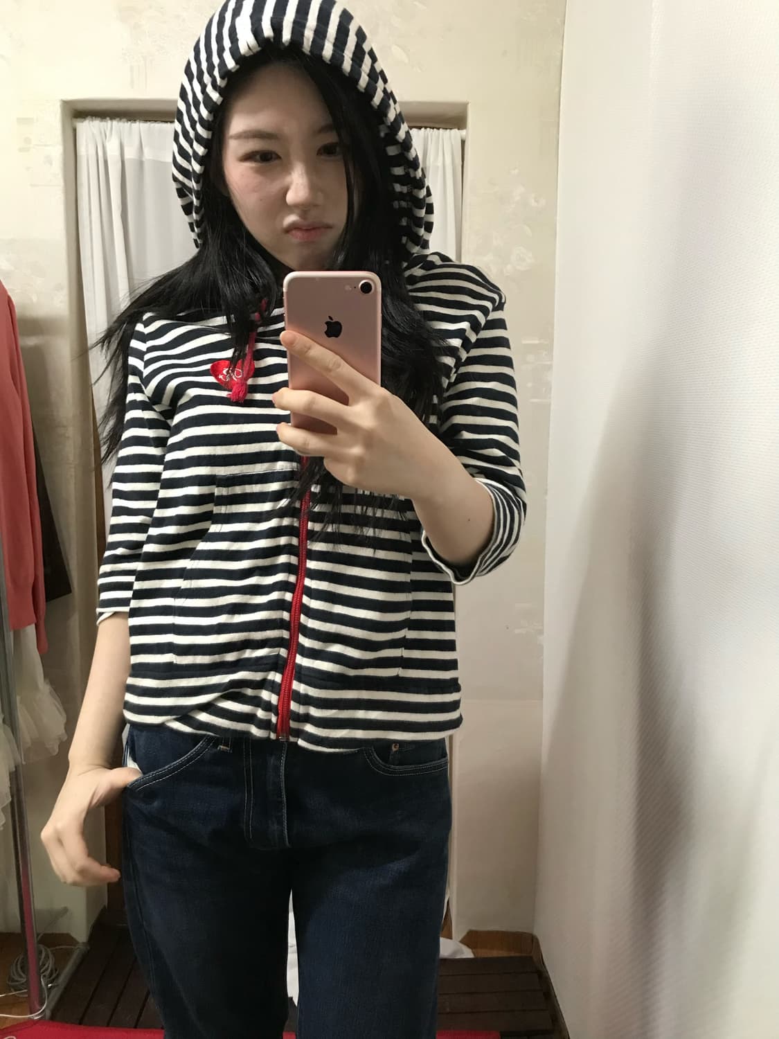 vintage stripe heart patch hood zipup 상품이미지1