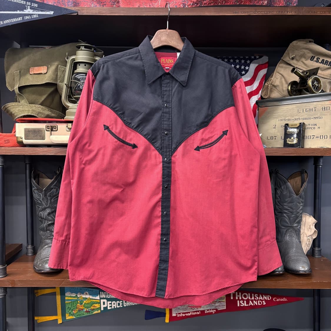 80s 플레인스 와이드요크 실키코튼 배색 웨스턴셔츠 스마일포켓 N603 상품이미지1