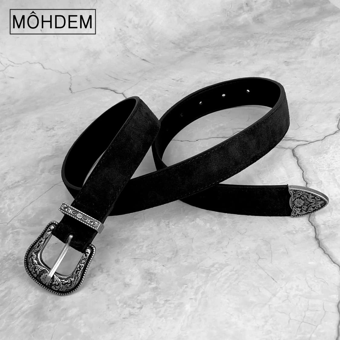 [Unisex] 클래식 웨스턴 스웨이드 가죽 벨트 블랙 상품이미지5