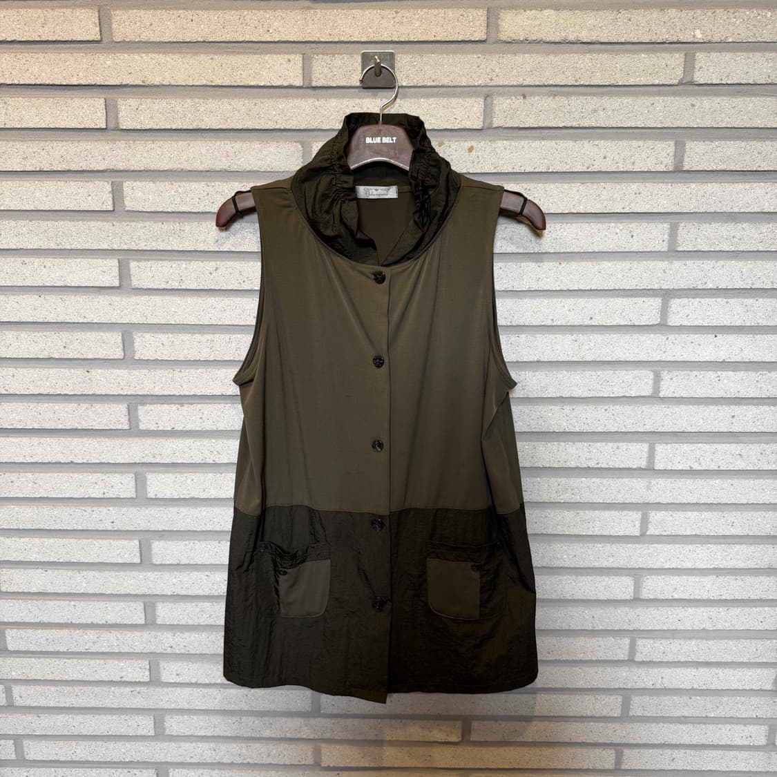 JPN VINTAGE 나시 카라 셔링 배색 디테일 카키 상품이미지1