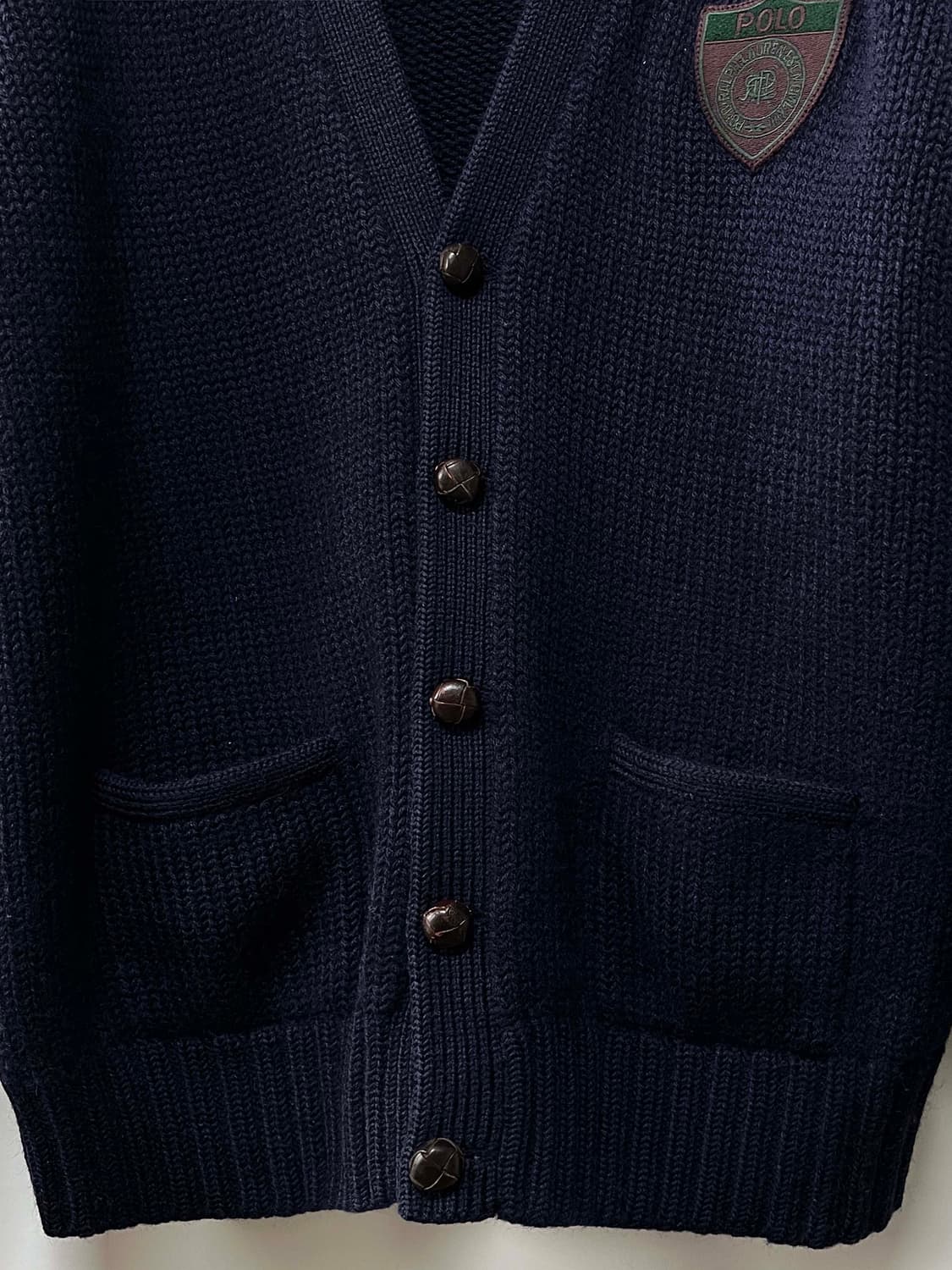 80's 폴로 랄프로렌 로얄네이비 스크래블 쉴드 우드 울 가디건 자켓 상품이미지7