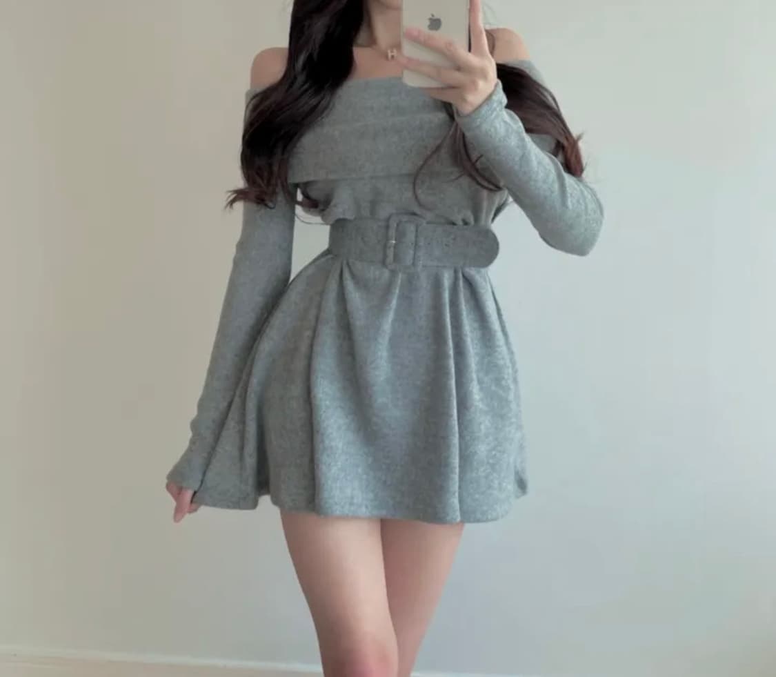 벨트 플레어 오프숄더 기모 원피스 상품이미지1
