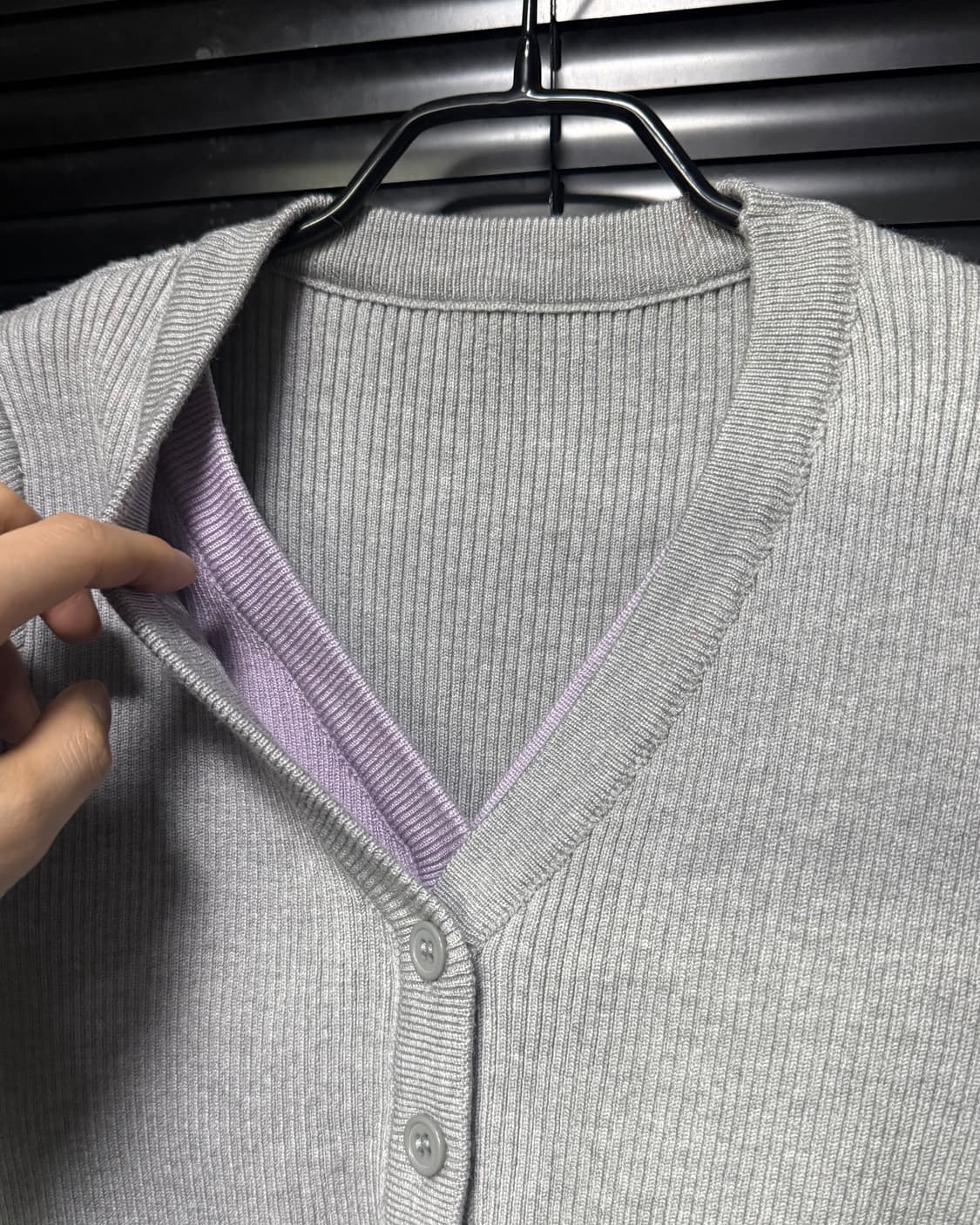 그레이 회색 연보라 배색 골지 니트 스웨터 더블 카라 가디건 갸루 로리  상품이미지5