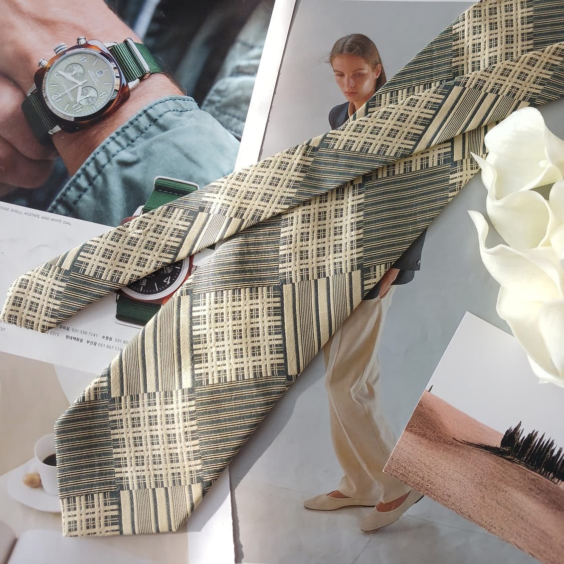 아쿠아스큐텀 실크 아이보리 체크 넥타이 9.5cm A+등급 A19008
 상품이미지3