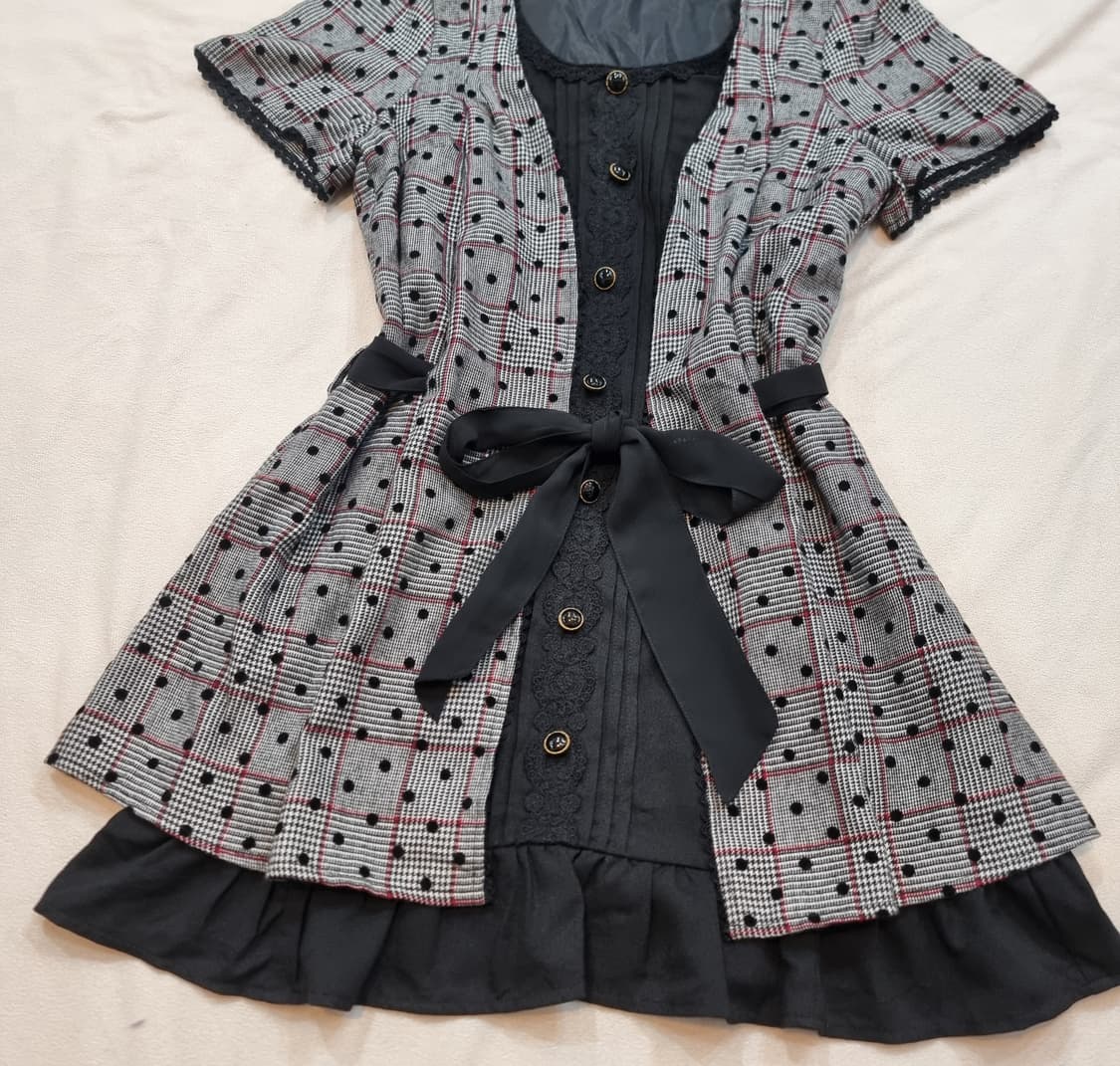 체크 플리츠 리본  원피스 상품이미지2