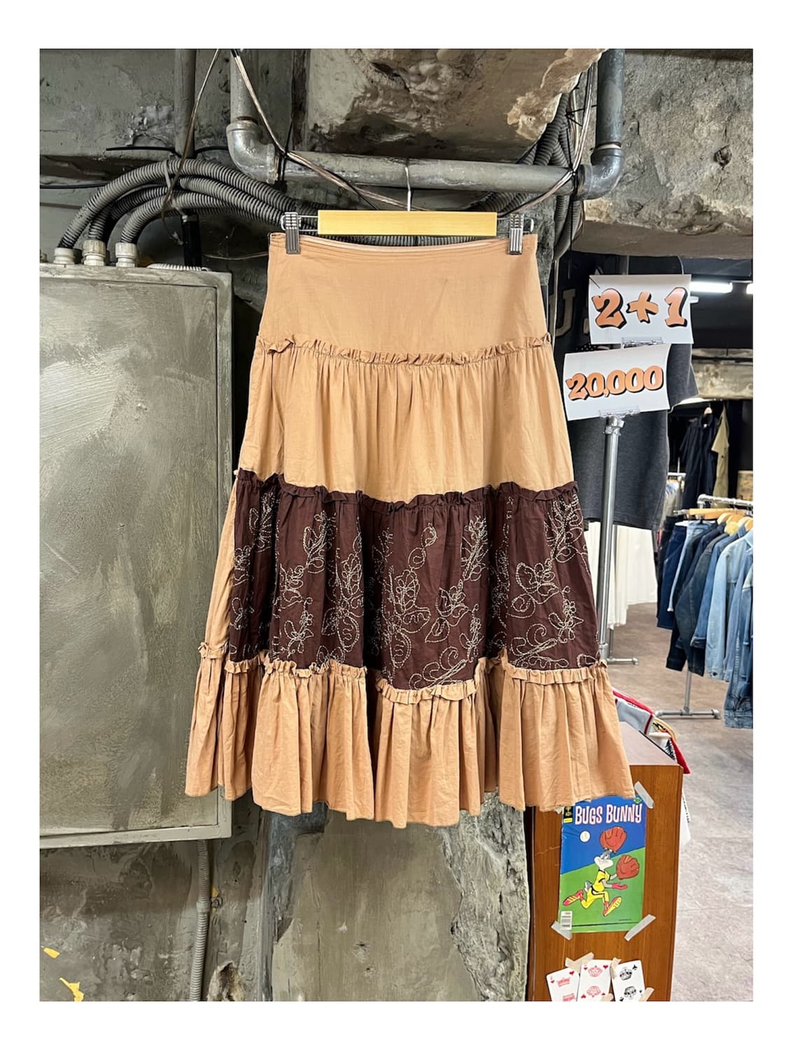 빈티지 프릴 자수 롱 스커트 브라운 M #csz4069  상품이미지1