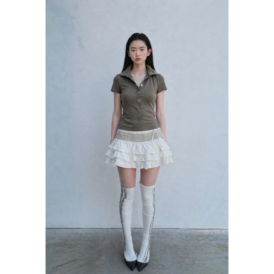 카키 셔츠+캉캉 스커트 코디 set 상품이미지1