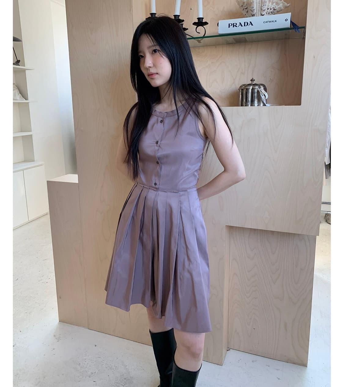 질샌더 네이비 플리츠 실크 블렌디드 미드 드레스 원피스 상품이미지1